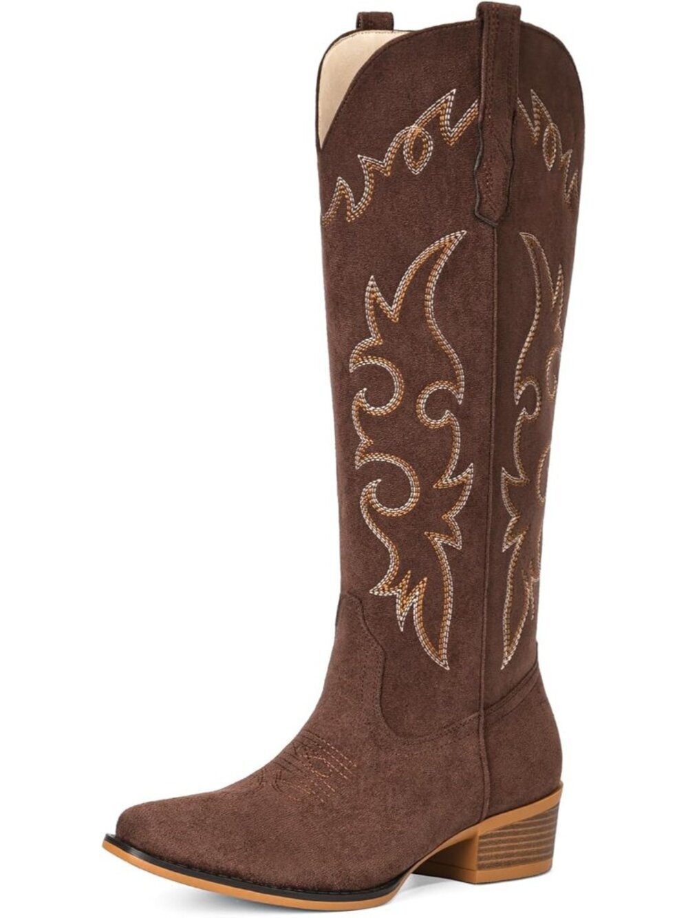 Women Coffee Pull-On Knee High Western Cowgirl Pointed Toe Low Heel Boot